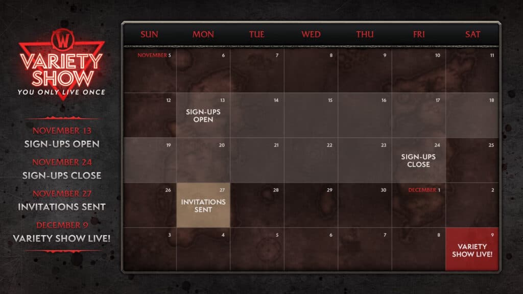 WoW Variety Show: You Only Live Once schedule (Image via Blizzard Entertainment)