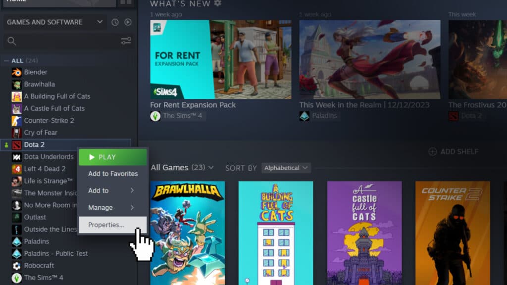 Step one: Click on Dota 2 Properties on Steam.<br>(Screenshot via esports.gg)