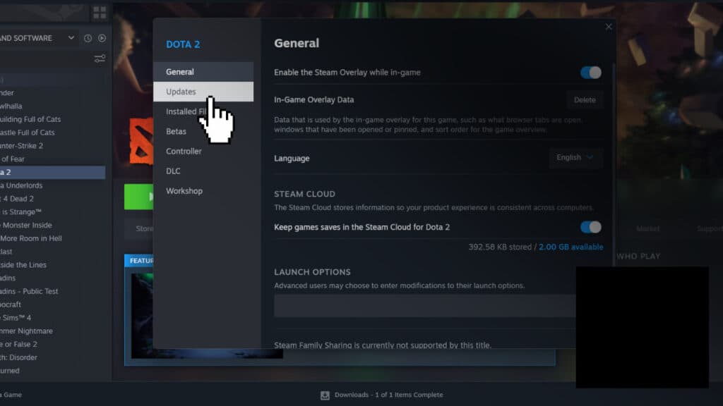 Step two: Click on Updates.<br>(Screenshot via esports.gg)