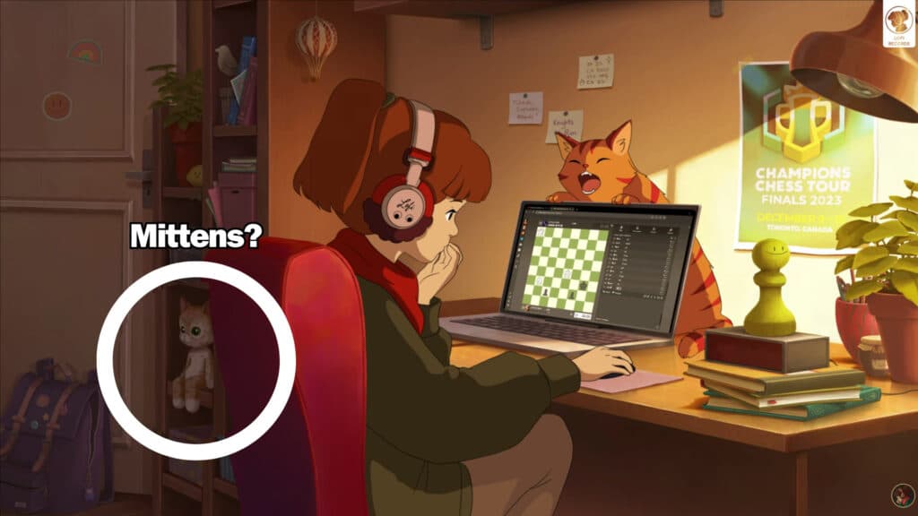 Mittens can be seen in Lofi Girls' recent collaboration video with Chess.com.<br>(Image via Lofi Girl)