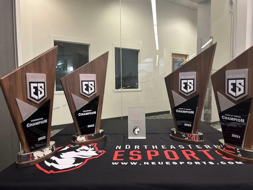 All four Northeastern ESC Championship Trophies (Image via <a href="https://twitter.com/GoNUesports">Northeastern Esports</a>)