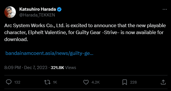 The post from Harada (Image via Twitter)