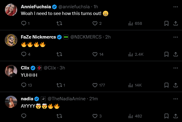 AnnieFuchsia, Nickmercs, Clix, and Nadia's comments (Image via X)