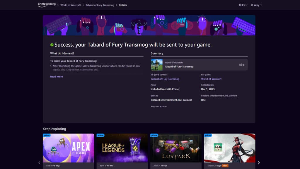 Claiming the free Tabard of Fury transmog (Image via Prime Gaming)