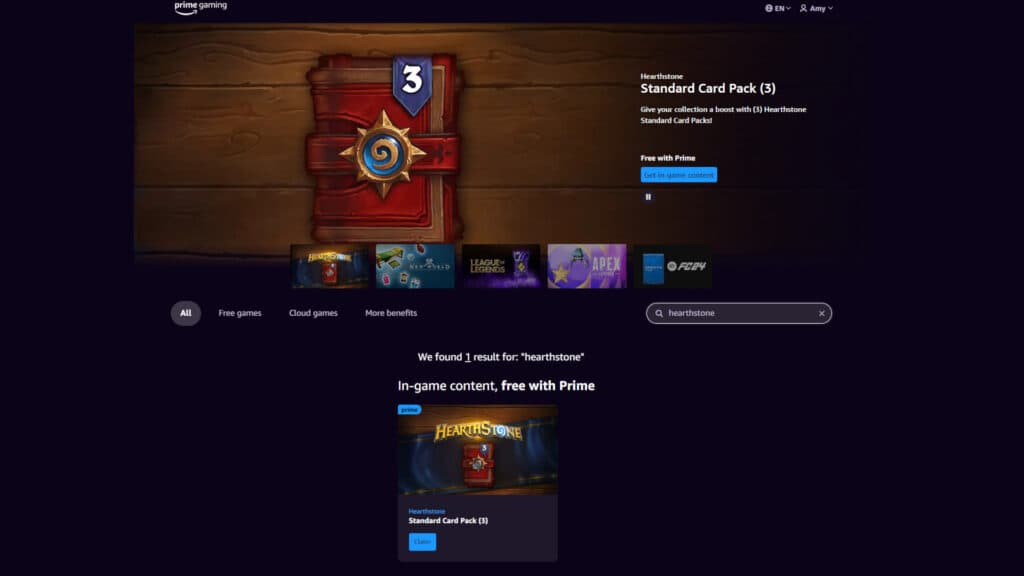 Three free Standard Hearthstone card packs (Image via Prime Gaming)
