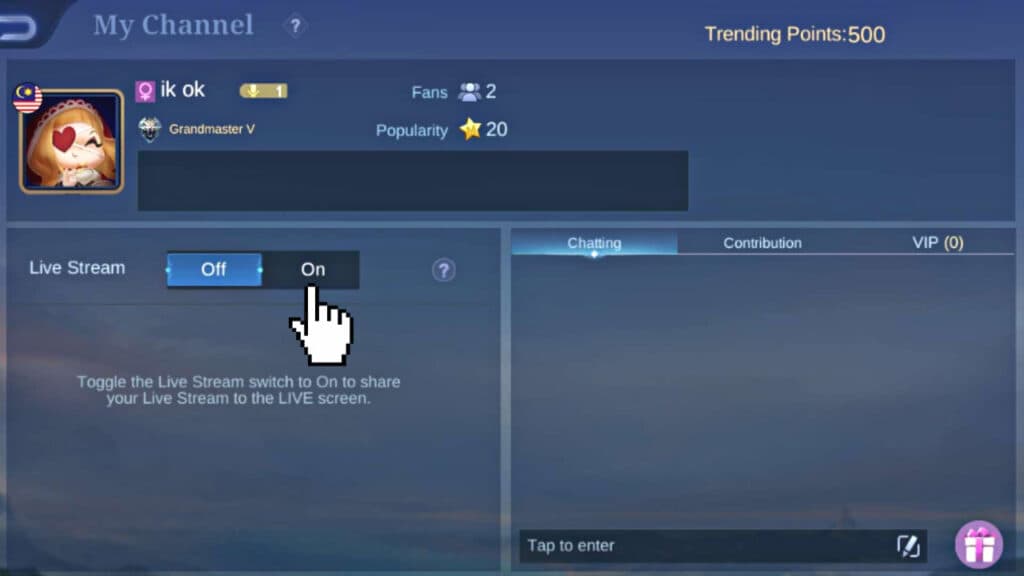 How to activate livestreaming in MLBB - Step three.<br>(Screenshot via esports.gg)