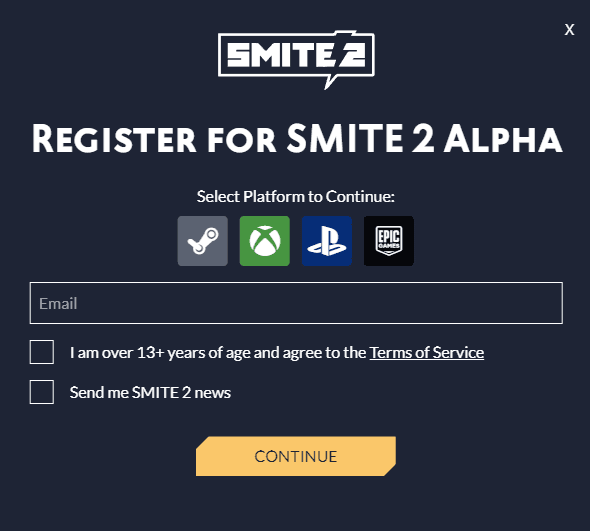SMITE 2 alpha playtest sign-up screen (Image via Titan Forge Games)