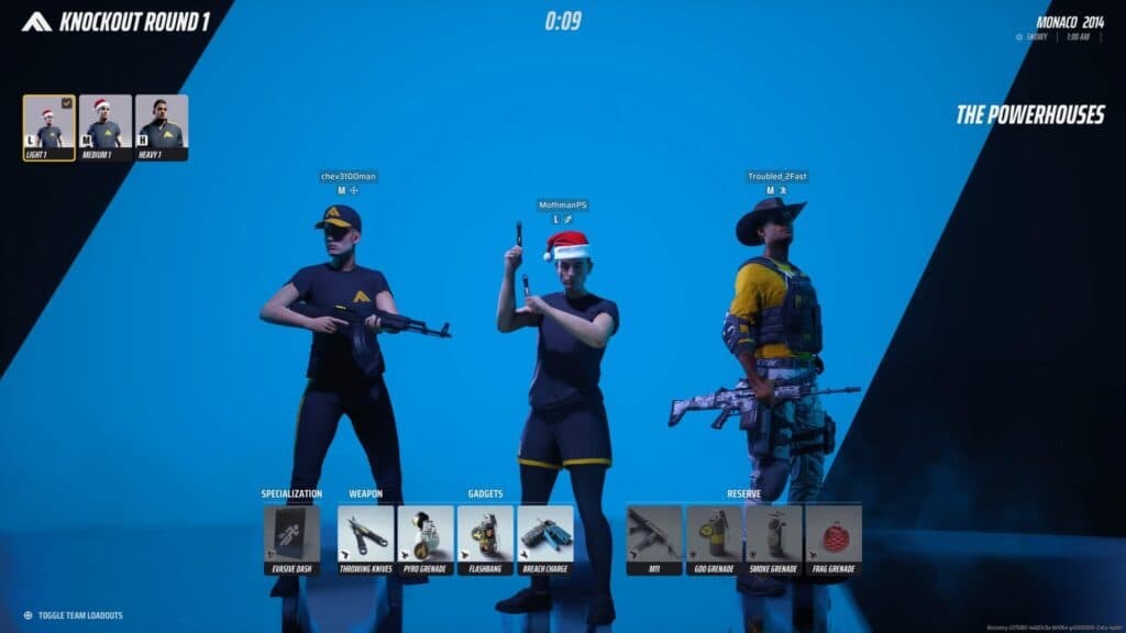 The pre-game lobby lets you select a contestant, but not the team name (Screenshot via esports.gg)