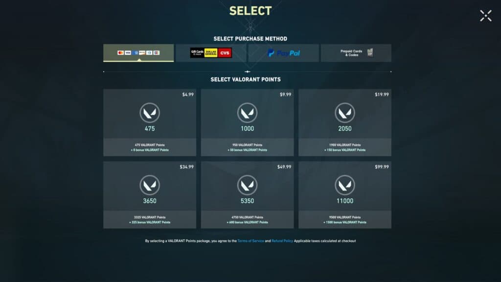 A look at the different VALORANT Point bundles (Screenshot via esports.gg)