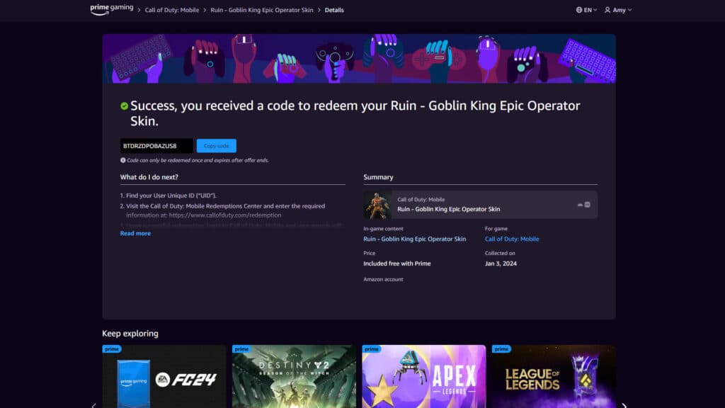 CoD Mobile Operator Skin code (Image via Prime Gaming)