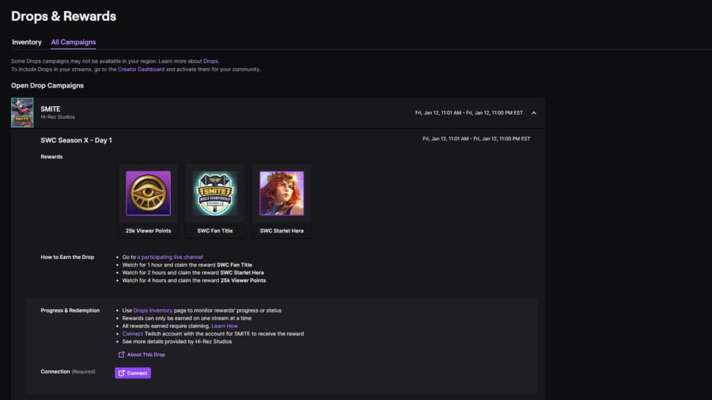 Season X SMITE World Championship Twitch drops screenshot (Image via Twitch)