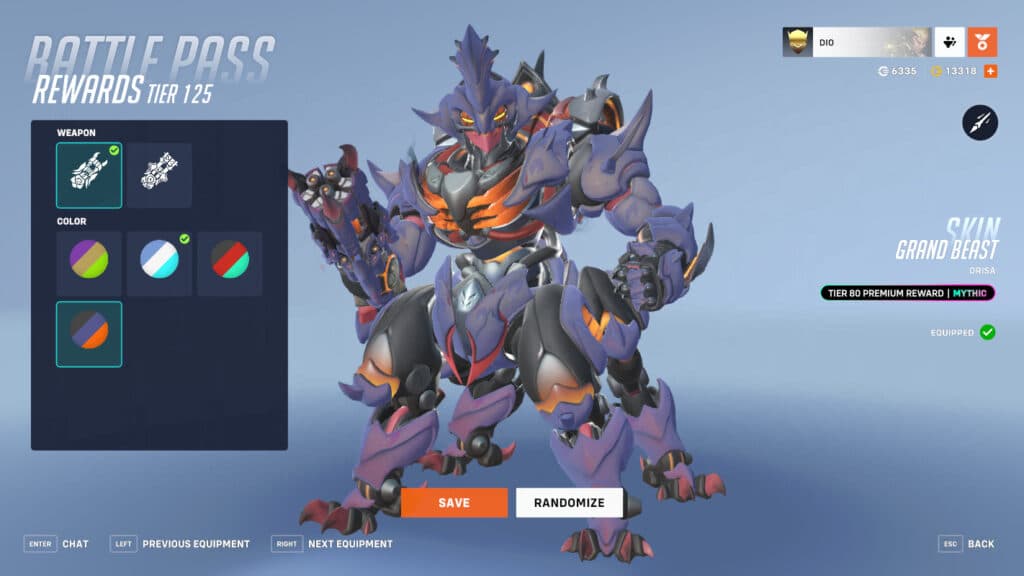 The mythic Orisa skin is unlocked upon reaching tier 80 of the paid Battle Pass (Image via Blizzard Entertainment)