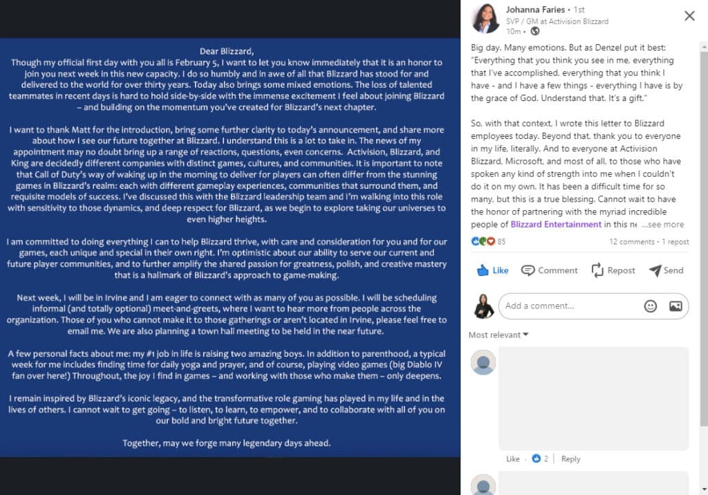 Blizzard president Johanna Faries' announcement (Image via LinkedIn)