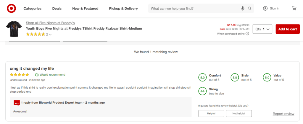 A Fazbear enthusiast sharing their thoughts (Image via target.com)