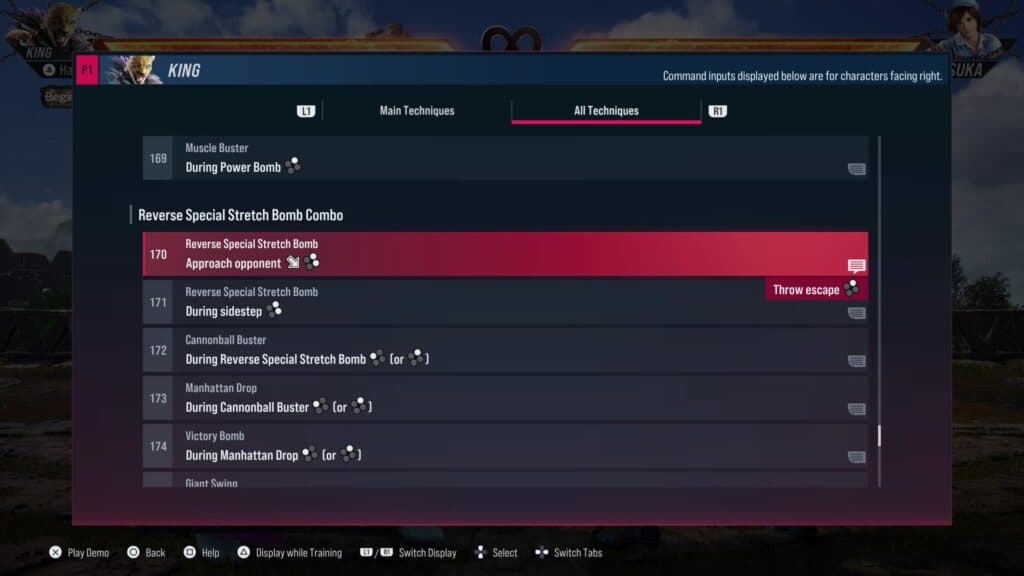 <em>King's move list denotes which button needed to escape each throw, as well as which throws cannot be teched. </em>