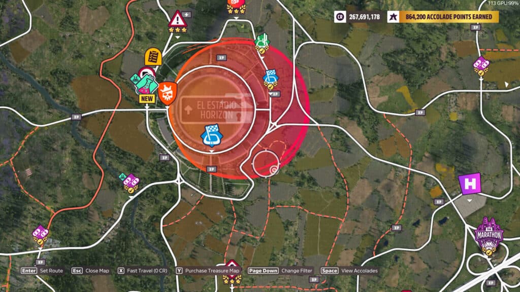 The treasure chest is located near the El Estadio Horizon stadium (Image via Playground Games)