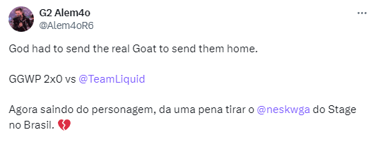 <em>"Now leaving the character, it's a shame to take the @neskwga of the Stage in Brazil." </em>- wrote Alem4o