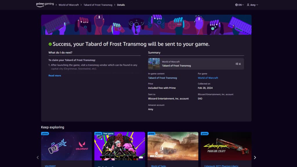 Claiming the free Tabard of Frost (Image Prime Gaming)