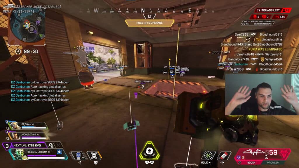 DZ Genburten being hacked, sparking fears in the Apex playerbase (Image via twitch.tv/genburten)