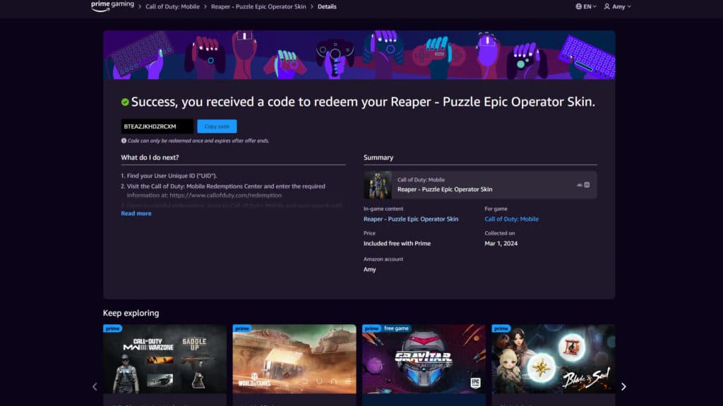 Redeeming the free code (Image via Activision Publishing, Inc.)