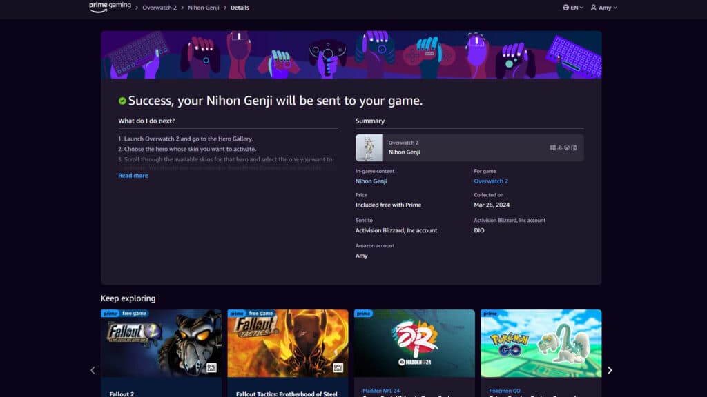 Launch Overwatch 2 to equip the skin (Image via Prime Gaming)