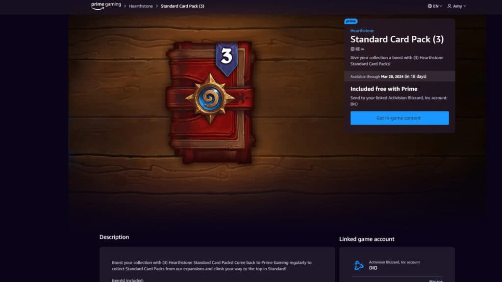 How to claim the free Hearthstone card packs (Image via Prime Gaming)