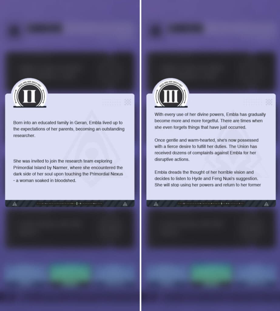 Screenshots featuring Embla's story in Dislyte (Images via esports.gg)