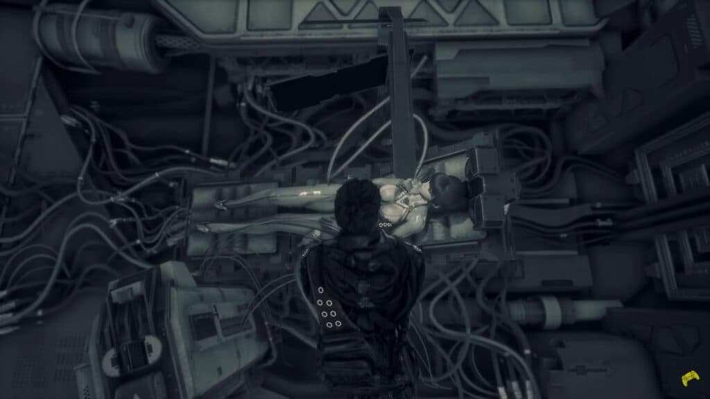 Adam helping EVE recover as seen from flashback images ahead of the first boss battle in the demo