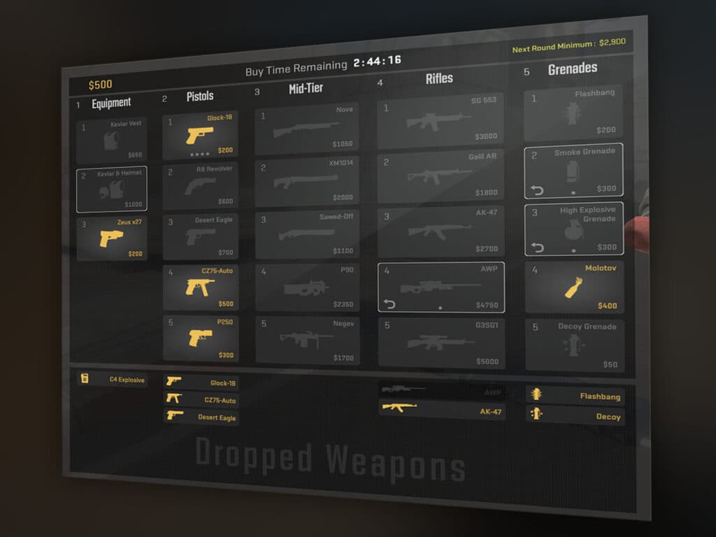 The Buy Menu now shows the Next Round minimum in the top right of the image.