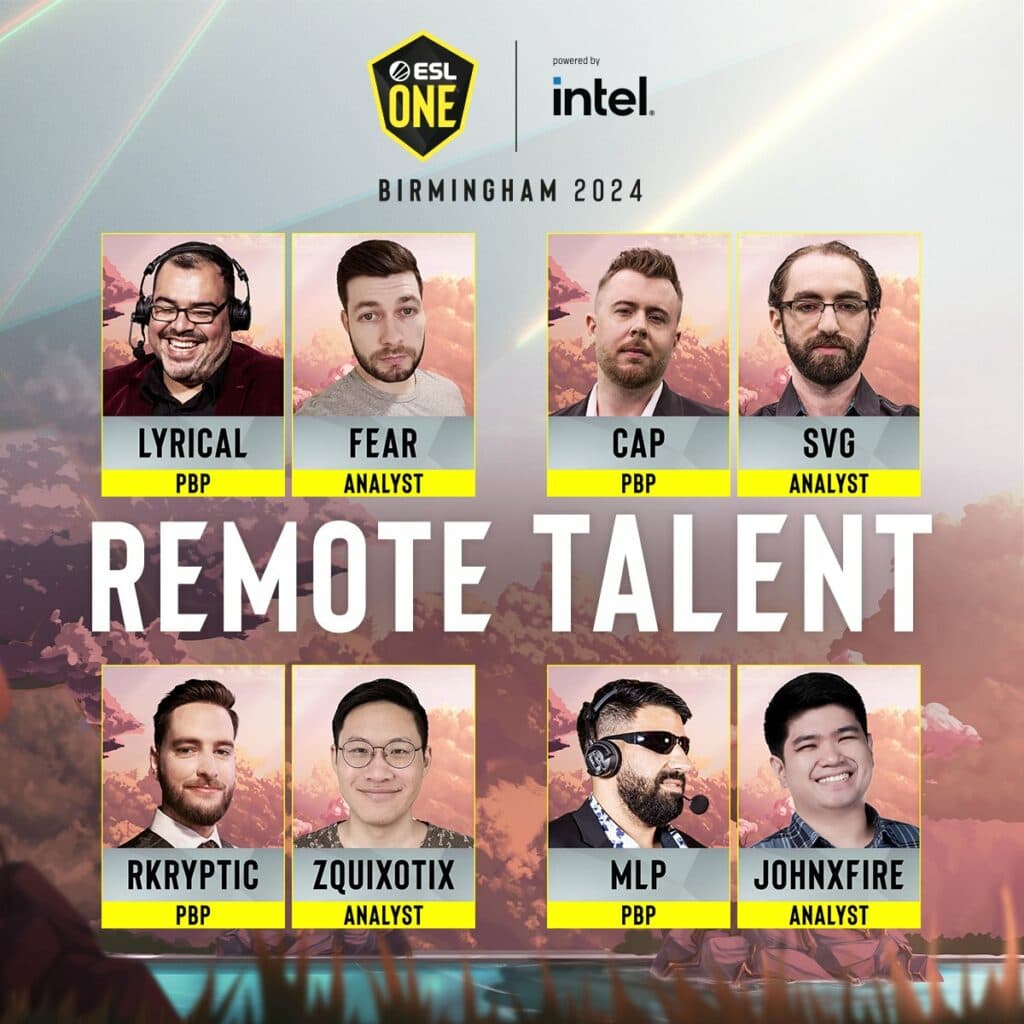ESL One Birmingham 2024 remote talent (Image by <a href="https://twitter.com/ESLDota2/status/1779441995930378349/photo/1" target="_blank" rel="noreferrer noopener nofollow">ESL</a>)