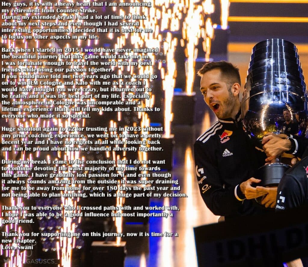 G2 Swani's retirement message (Image via Swani on X)