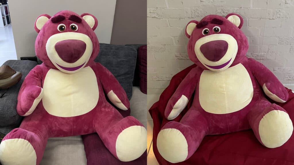 Examples of a giant Lotso teddy bear similar to the one IG Leyan has (Image via esports.gg)
