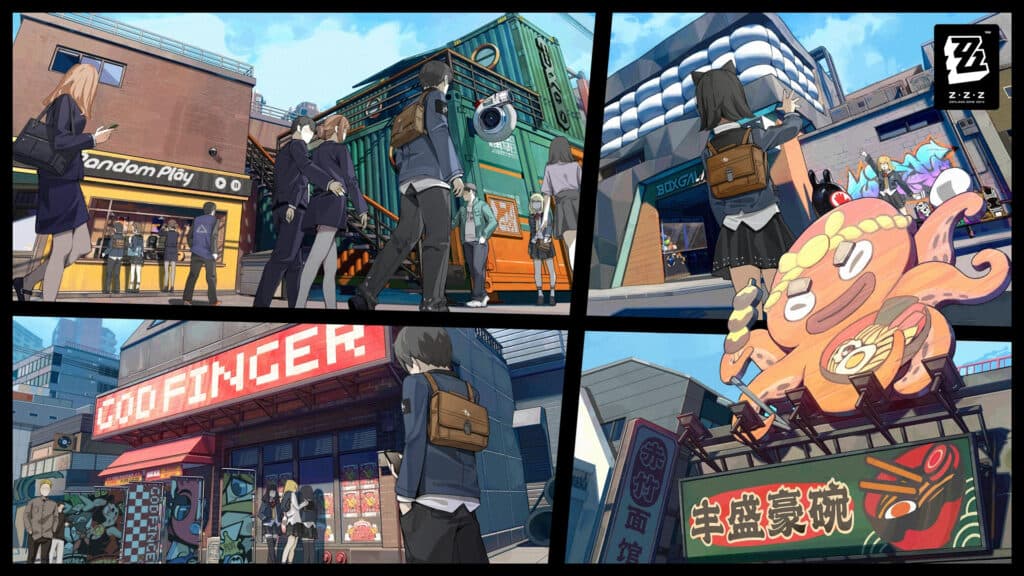 Official art showcasing some of the views in New Eridu (Image via Zenless Zone Zero)