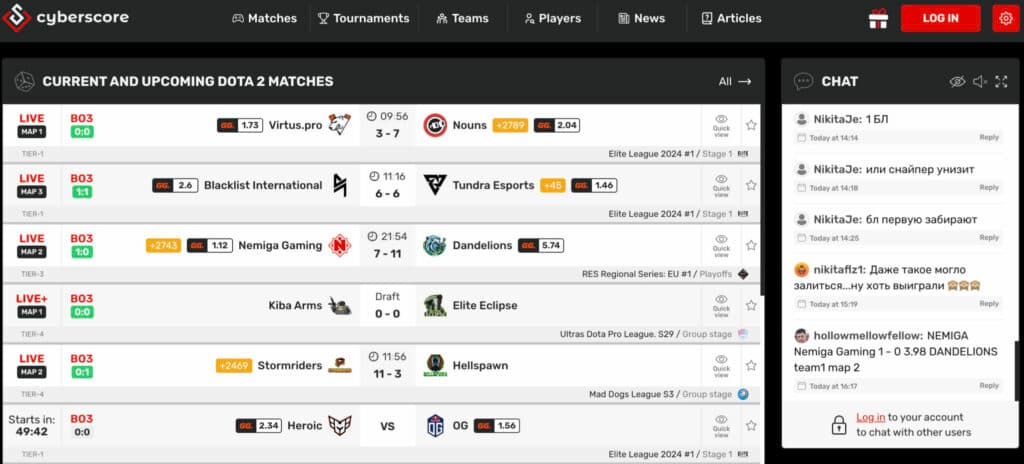 CyberScore.live tracks live and upcoming Dota 2 matches