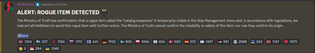 The official discord message from Super Earth (Image via the Helldivers 2 Discord)