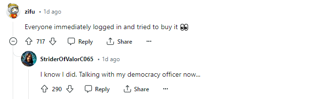 Redditors discussing the catalog expansion (Image via r/helldivers)