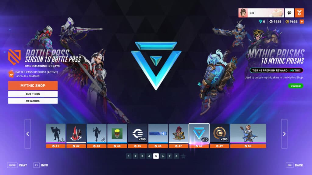 Reach tier 48 of the paid Battle Pass to obtain 50 Mythic Prisms (Image via esports.gg)