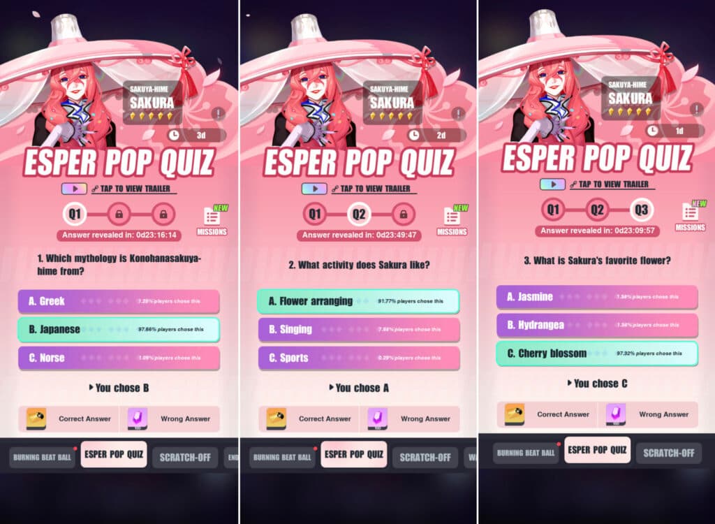 Dislyte quiz answer for Sakura screenshot (Images via esports.gg)