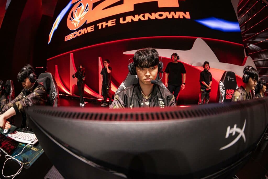 Jeong "Chovy" Ji-hoon of Gen.G Esports is on stage for tech check during MSI 2024 Bracket Stage at the Chengdu Financial City Performing Arts Center in Chengdu, China on May 16, 2024 (Image via Colin Young-Wolff/Riot Games)