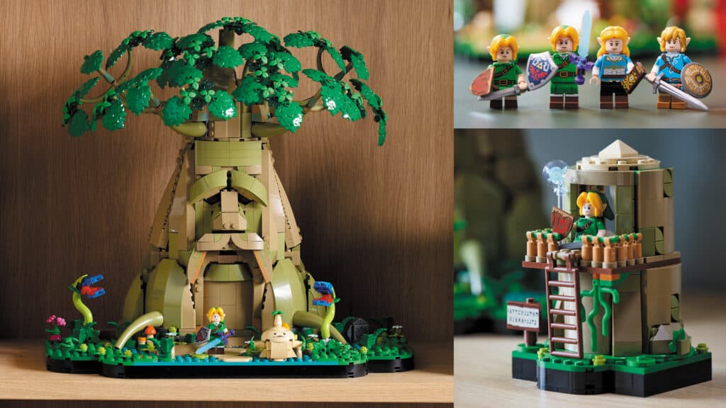 Three images of parts of the Great Deku Tree LEGO set (Image via esports.gg)
