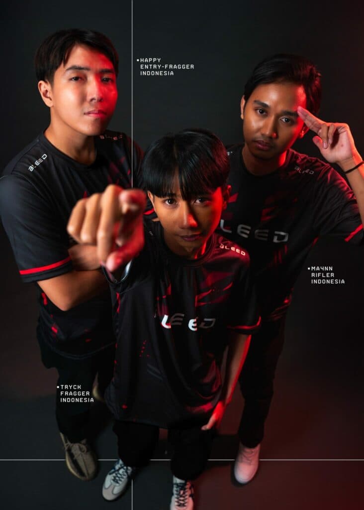 The starting roster for BLEED Epsorts features Tryck, Maynn and Happy. Image Credit: BLEED esports