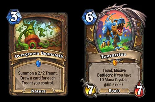 Overgrown Beanstalk and Toyrantus in the Whizbang's Workshop Mini-Set (Images via Blizzard Entertainment)