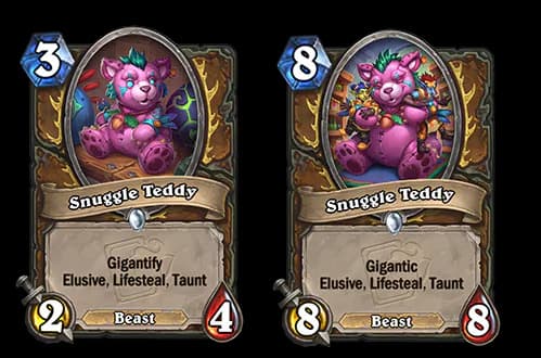Snuggle Teddy features the Gigantify keyword in Hearthstone (Images via Blizzard Entertainment)
