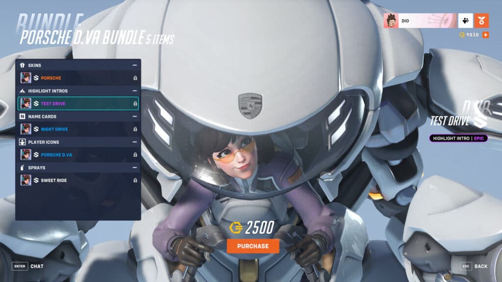 Porsche D.Va skin featuring the Test Drive highlight intro (Image via esports.gg)