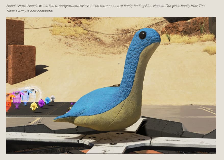 Purple Nessie photobombs blue Nessie #2 in the latest patch notes.