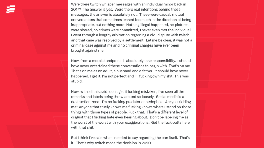 Screenshot of Dr Disrespects's original statement posted on X (Image via esports.gg)