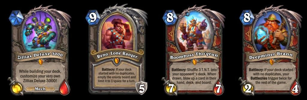 Zilliax Deluxe 3000, Reno, Lone Ranger, Boomboss Tho'grun, and Deepminer Brann (Images via Blizzard Entertainment)