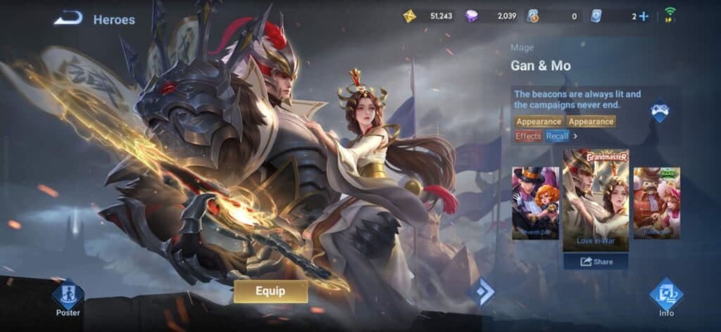 Gan & Mo - Love in War, Grandmaster-exclusive skin in Honor of Kings (Image via Level Infinite)