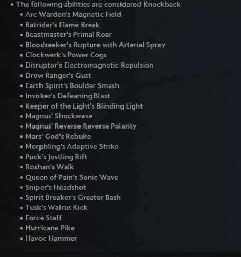 All effects that are considered Knockback in patch 7.36b (Image via valve)