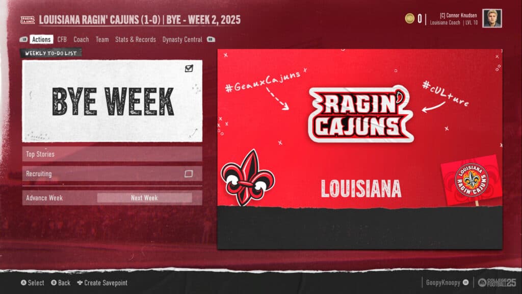 Dynasty mode menu screen in CFB 25 (Image via esports.gg)